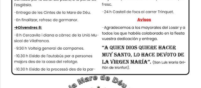 Vilafranca viurà els actes de la Mare de Déu del Llosar el 7 i el 8 de setembre