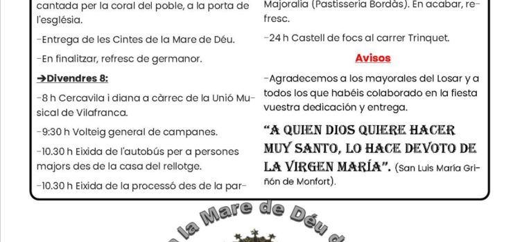 Vilafranca viurà els actes de la Mare de Déu del Llosar el 7 i el 8 de setembre
