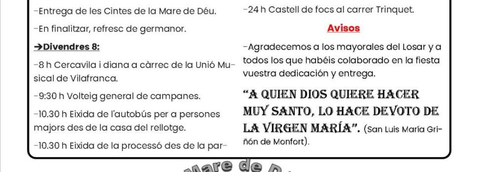 Vilafranca viurà els actes de la Mare de Déu del Llosar el 7 i el 8 de setembre