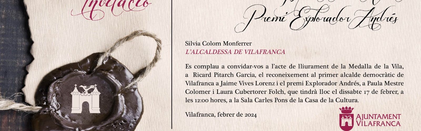 Ricard Pitarch, Paula Mestre i Laura Cubertorer guardonats en la commemoració del 785 aniversari de la Carta Pobla a Vilafranca