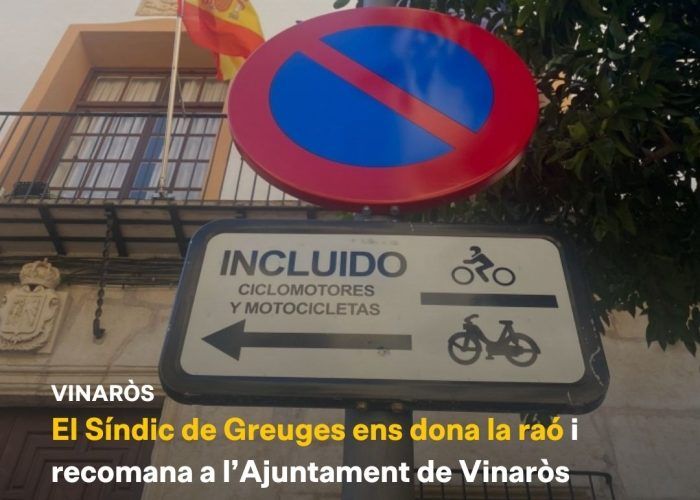 El Síndic de Greuges recomana a l’Ajuntament de Vinaròs incloure el valencià a la retolació municipal