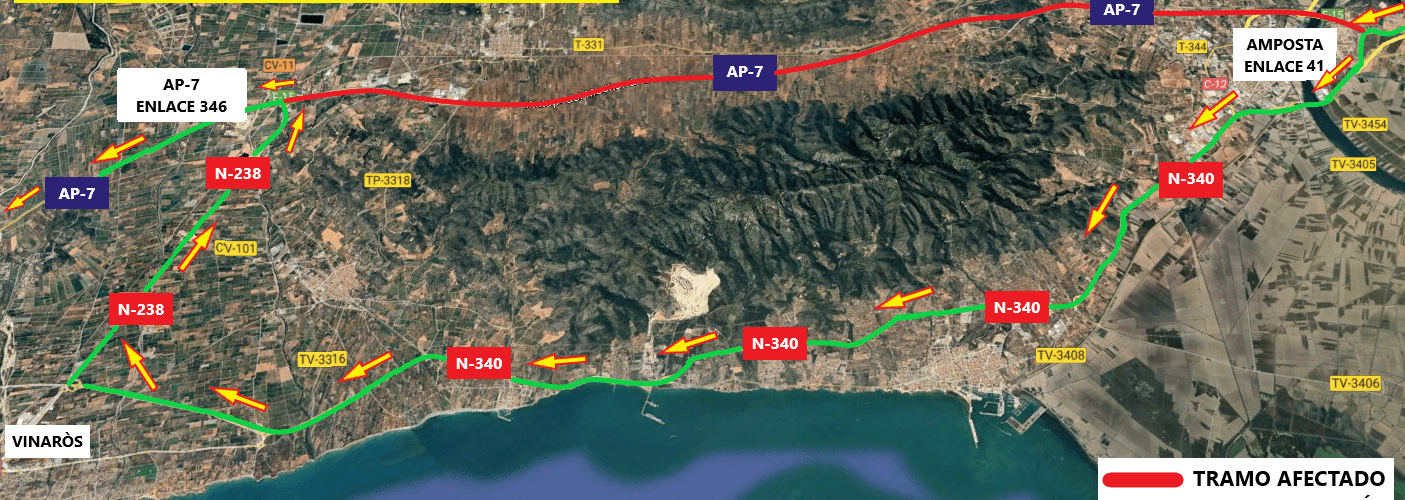 Afectaciones al tráfico en la AP-7 entre las localidades de Amposta y Vinaròs, por las obras de montaje de una pasarela