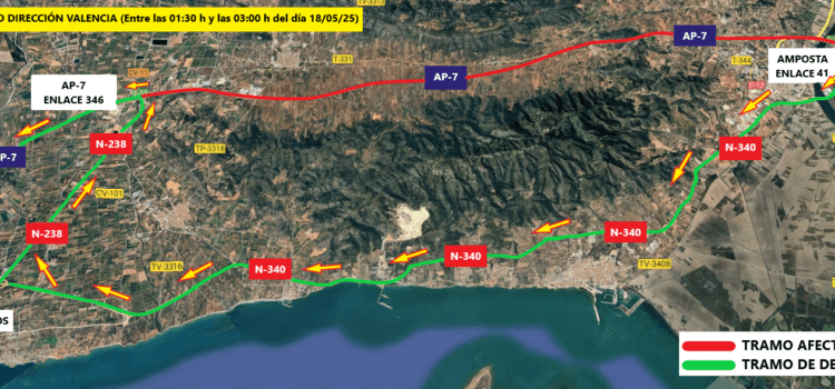 Afectaciones al tráfico en la AP-7 entre las localidades de Amposta y Vinaròs, por las obras de montaje de una pasarela