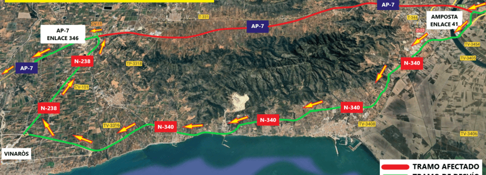 Afectaciones al tráfico en la AP-7 entre las localidades de Amposta y Vinaròs, por las obras de montaje de una pasarela