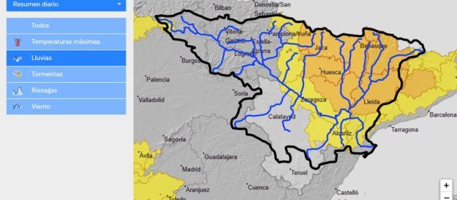 Riesgo de lluvia intensa, posibilidad de crecidas súbitas en cauces menores y barrancos en Aragón, Navarra y Cataluña