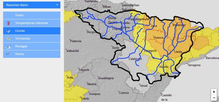 Riesgo de lluvia intensa, posibilidad de crecidas súbitas en cauces menores y barrancos en Aragón, Navarra y Cataluña
