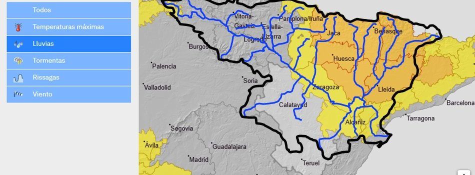 Riesgo de lluvia intensa, posibilidad de crecidas súbitas en cauces menores y barrancos en Aragón, Navarra y Cataluña
