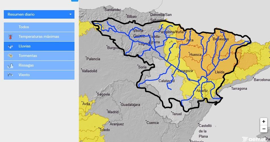 Riesgo de lluvia intensa, posibilidad de crecidas súbitas en cauces menores y barrancos en Aragón, Navarra y Cataluña